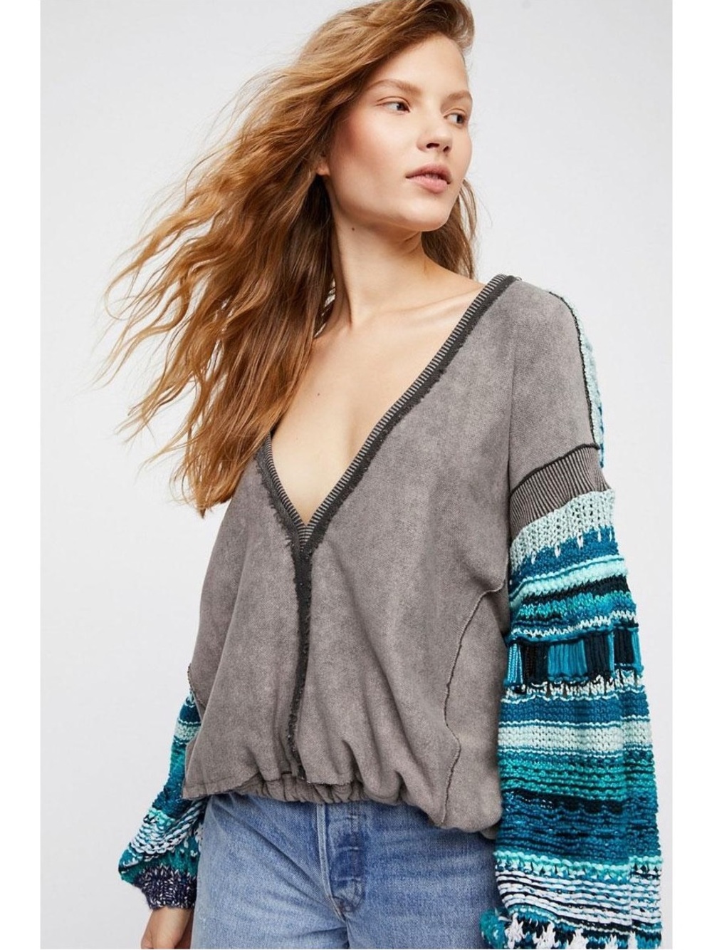 Free People Grey Pullover with Aqua and Teal Knit Accents